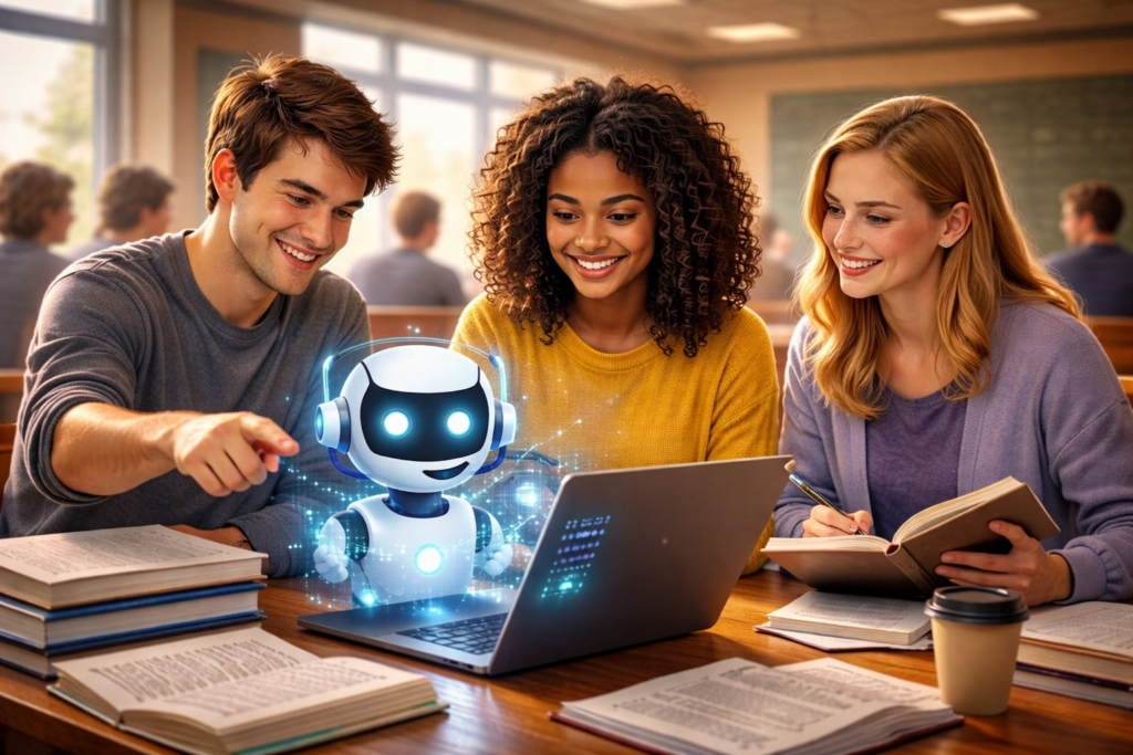 Students using AI to study together